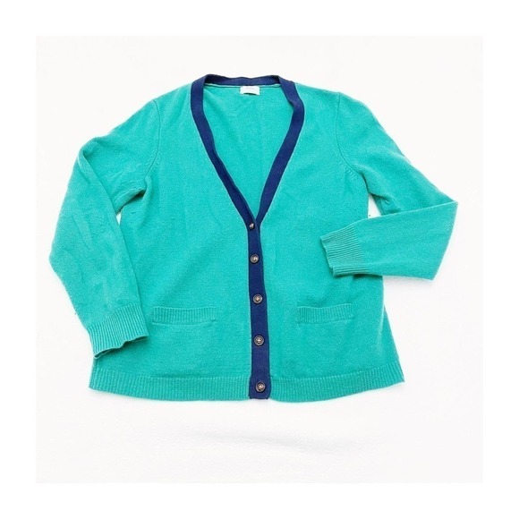 Wallace Merino Wool Varsity Cardigan Green Blue Piping SZ L - Picture 1 of 6
